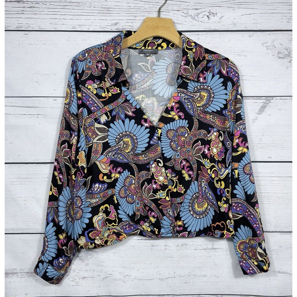 Haute Hippie Long Sleeve Cropped Surplice Top Blouse Shirt size Medium Colorful